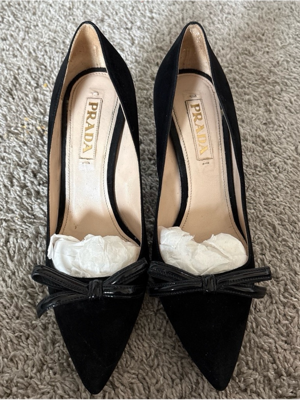 Prada Black Suede Pointed Toe Pumps with Patent Bow